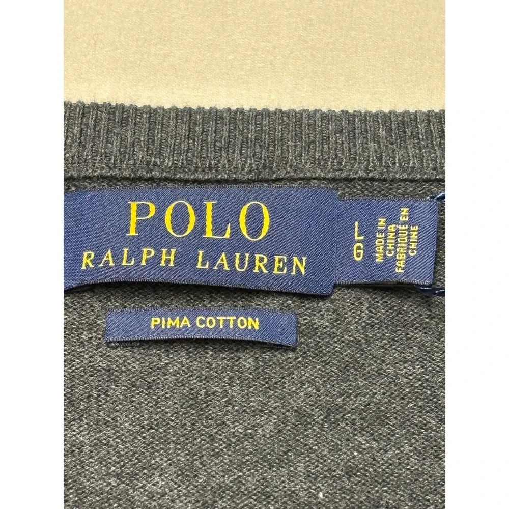 NWT Polo Ralph Lauren Mens‎ Pima Cotton V-Neck Sweater Grey Purple Pony Large